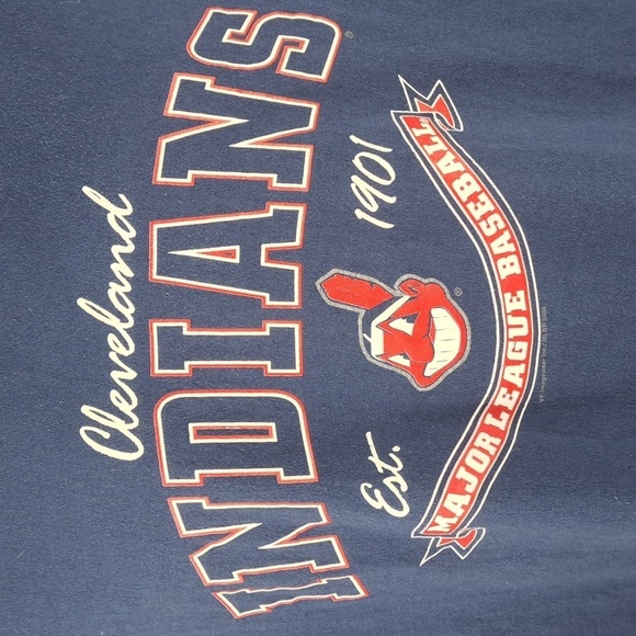 Y2K Cleveland Indians Chief Wahoo spell out graphic 2XL blue & red MLB t-shirt - Picture 3 of 6
